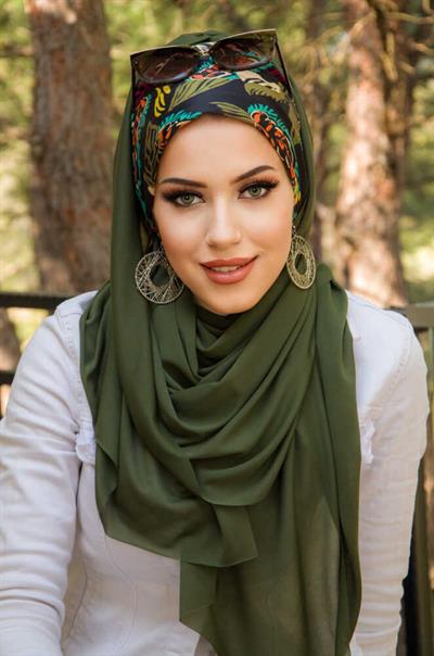 Haki Siyah Yaprak Desen Bone Hazır Şal