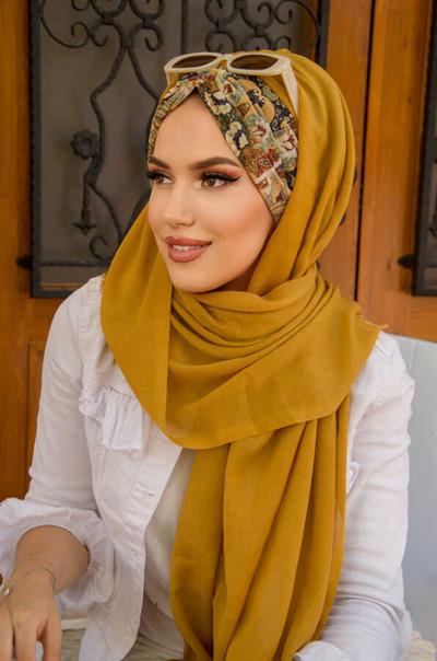 Hardal Etnik Desen Büzgülü Hazır Şal