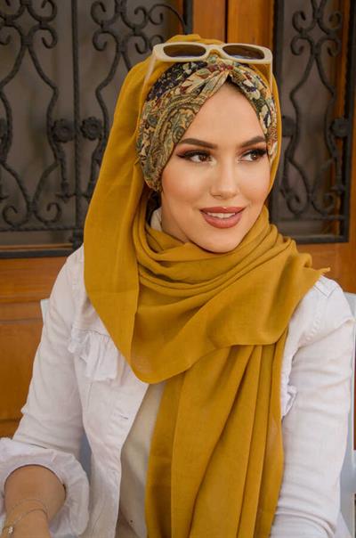 Hardal Etnik Desen Büzgülü Hazır Şal