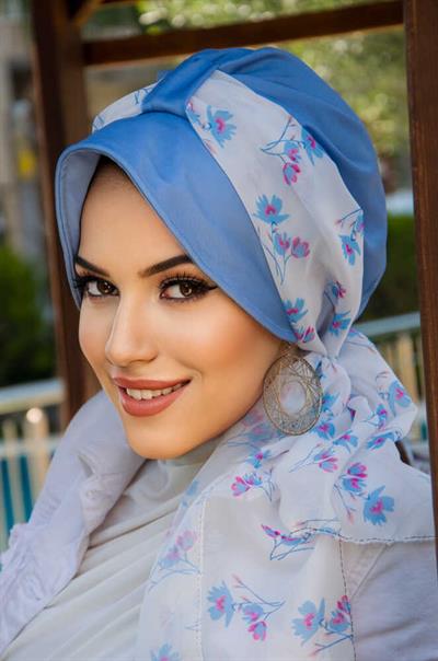 İndigo Çiçek Desen Fularlı Şapka Bone