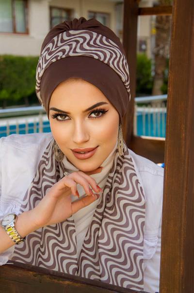 Kahve Geometrik Desen Fularlı Bone