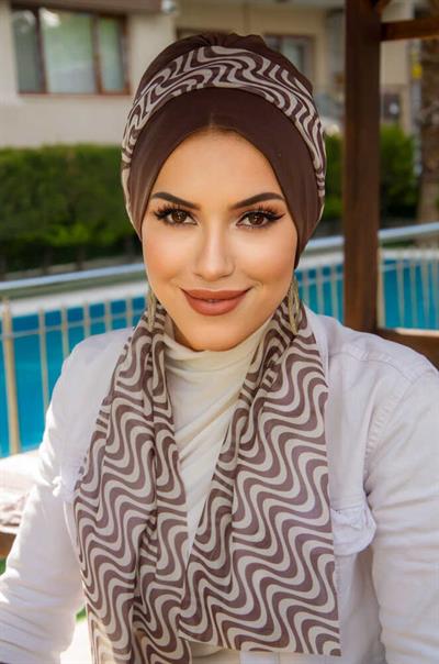 Kahve Geometrik Desen Fularlı Bone