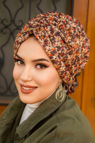 Kahve Geometrik Desen Tokalı Bone