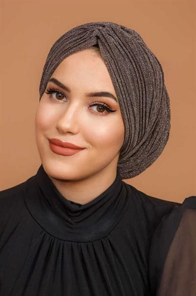 Kahve Simli Piliseli Kelebek Model Büzgülü Abiye Bone Şal