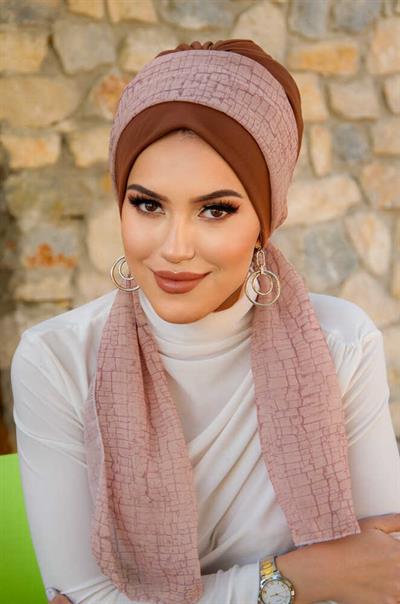 Karamel Bej Desen Fularlı Bone