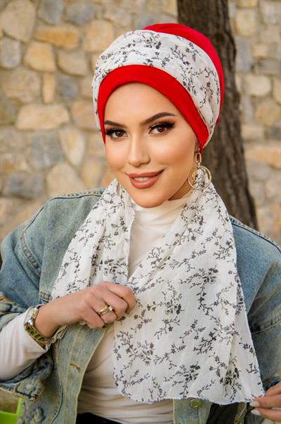 Kırmızı Beyaz Çiçek Desen Fularlı Bone