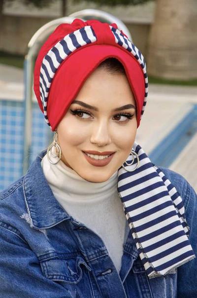 Kırmızı Lacivert Çizgili Desen Fularlı Şapka Bone