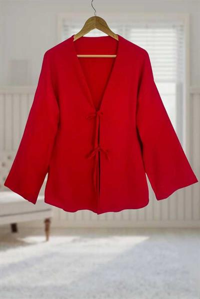 Kırmızı Önü Bağlamalı Kimono Tunik / Likralı Bürümcük Kumaş
