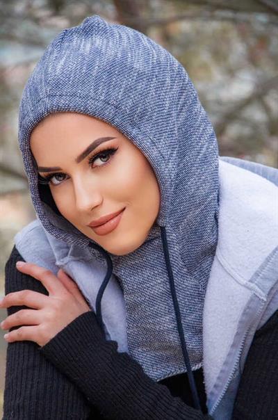 Kot Mavi Kırçıllı Bağcıklı Kapüşon Bone