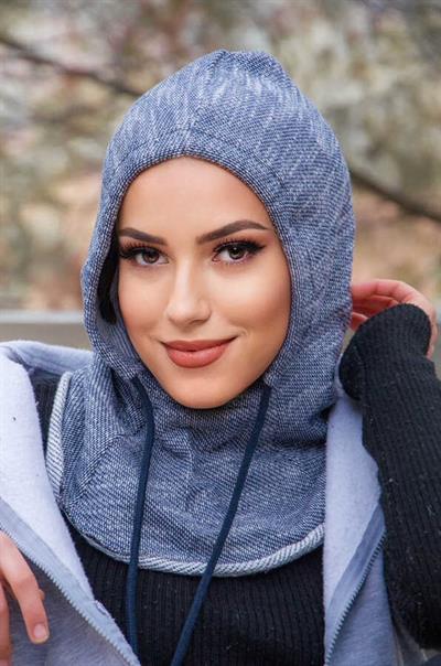 Kot Mavi Kırçıllı Bağcıklı Kapüşon Bone