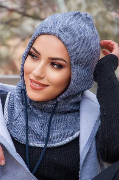 Kot Mavi Kırçıllı Bağcıklı Kapüşon Bone