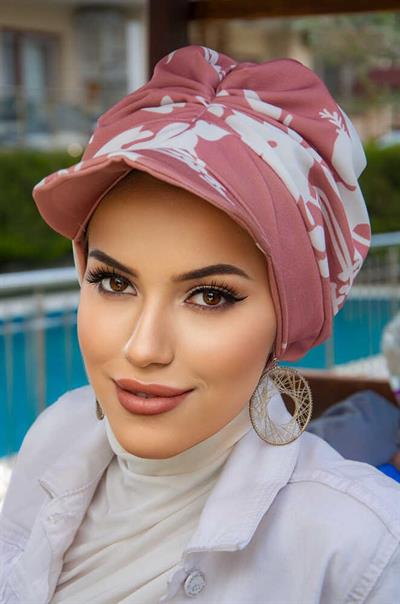 Koyu Pudra Beyaz Desen Bantlı Şapka Bone