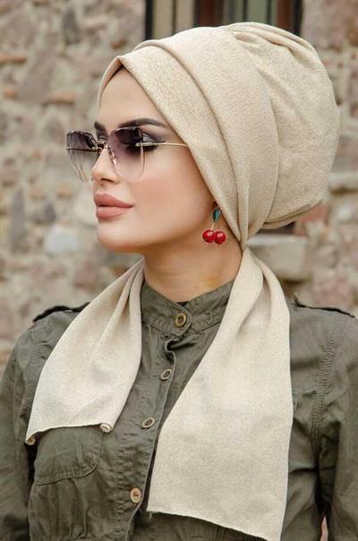 Krem Simli Atkılı Tesettür Bone