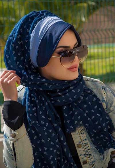 Lacivert Bantlı Dantelli Şapka Şal