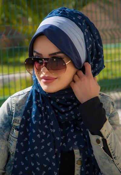 Lacivert Bantlı Dantelli Şapka Şal