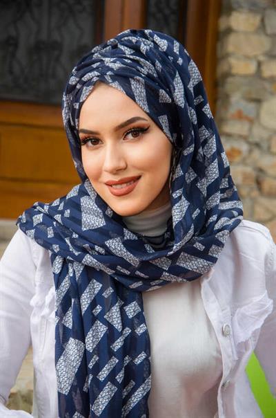 Lacivert Beyaz Desenli Hazır Şifon Şal