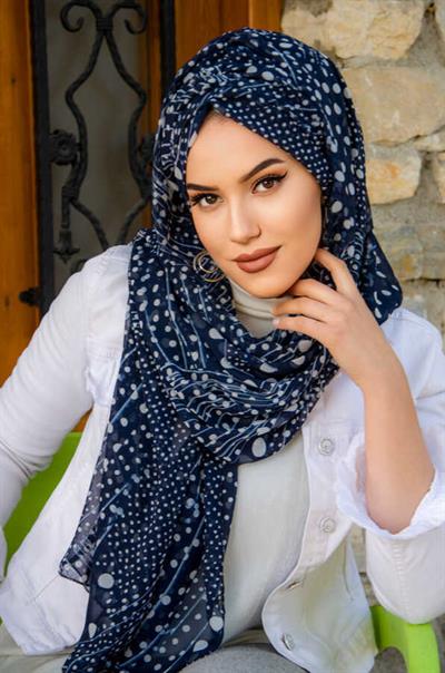 Lacivert Beyaz Puan Desenli Hazır Şifon Şal