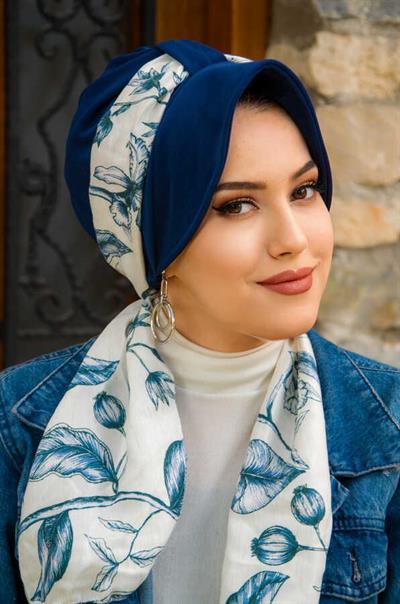 Lacivert Beyaz Yaprak Fularlı Şapka Bone