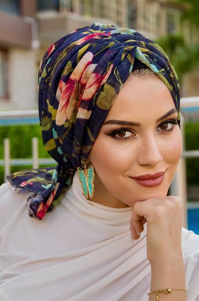 Lacivert Çiçek Desen Tokalı Bone