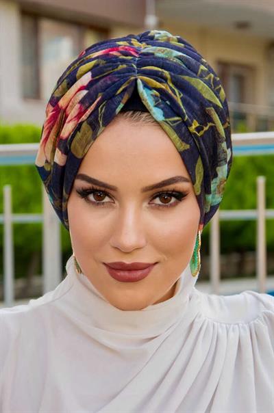 Lacivert Çiçek Desen Tokalı Bone