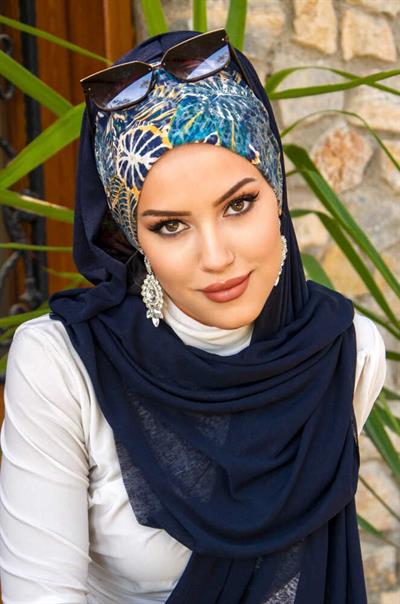 Lacivert Çiçek Desenli Bone Hazır Şal