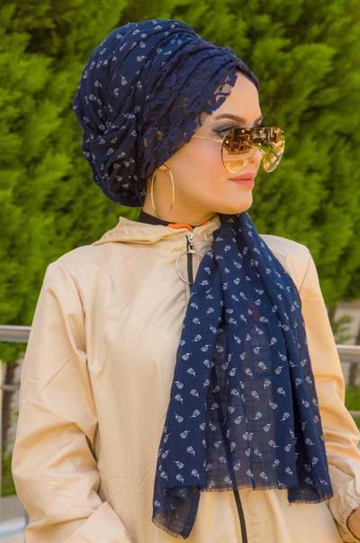 Lacivert Çiçekli Koton Bandana Şal - 50100