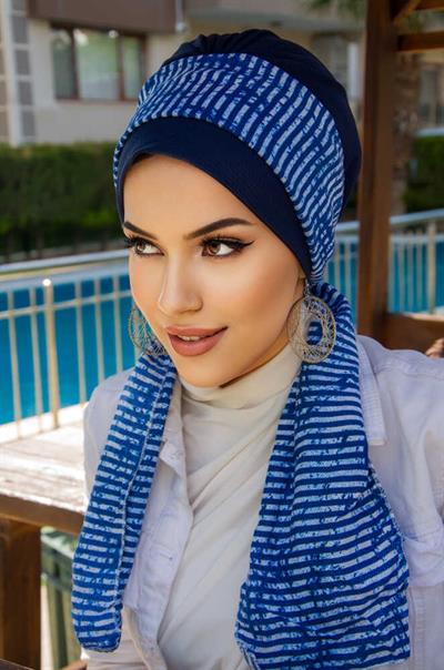 Lacivert Çizgili Desen Fularlı Bone