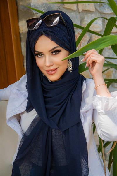 Lacivert Dantelli Büzgülü Hazır Şal