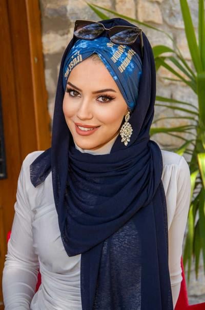 Lacivert Hardal Yazı Desen Hazır Şal