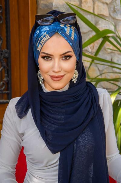 Lacivert Hardal Yazı Desen Hazır Şal