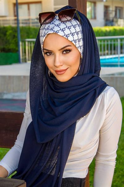 Lacivert Hat Desen Bone Hazır Şal
