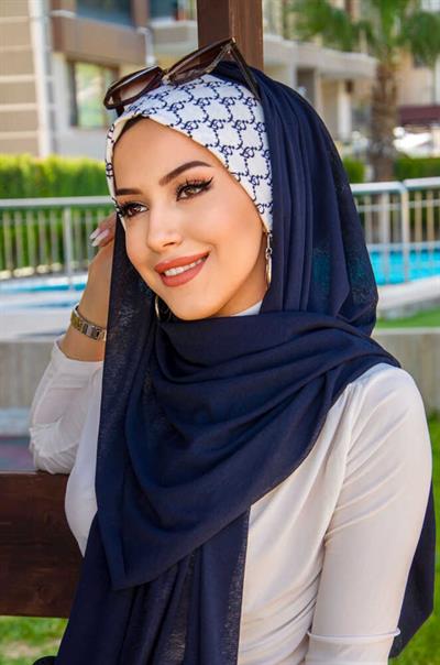 Lacivert Hat Desen Bone Hazır Şal