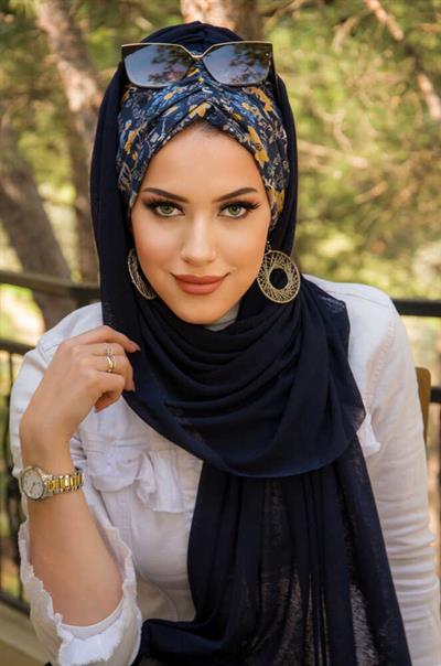 Lacivert Mimoza Çiçek Desen Hazır Şal