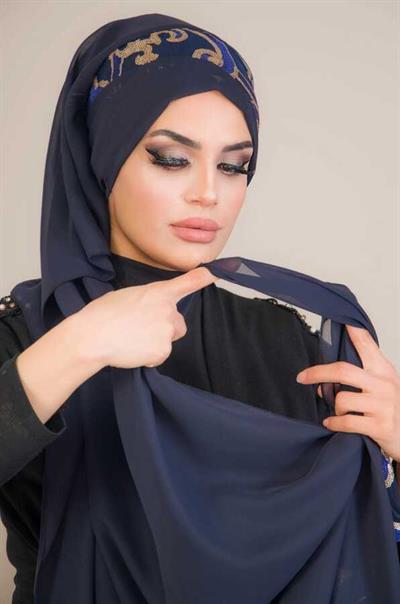 Lacivert Payetli Abiye Double Şal