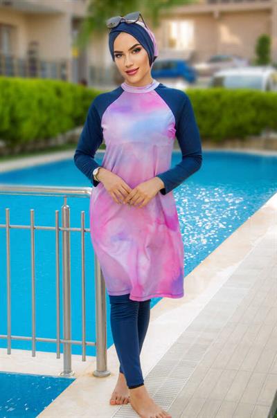 Lacivert Pudra Batik Tesettür Mayo Takım
