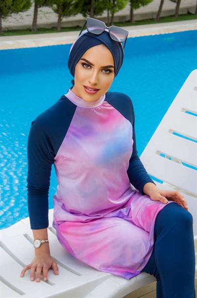 Lacivert Pudra Batik Tesettür Mayo Takım
