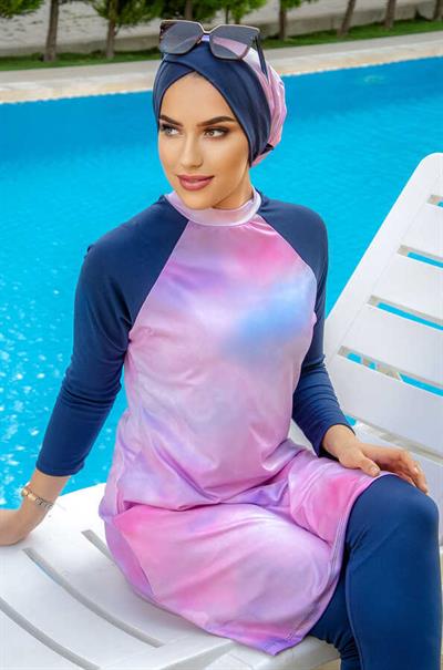 Lacivert Pudra Batik Tesettür Mayo Takım