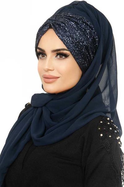 Lacivert Şifon Simli Abiye Şal