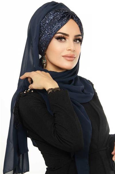 Lacivert Şifon Simli Abiye Şal