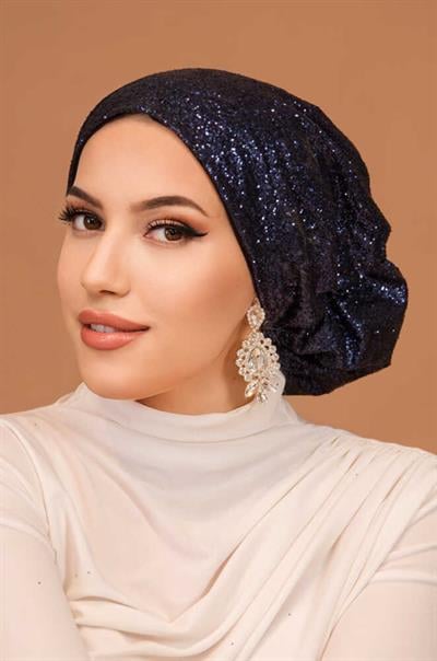Lacivert Simli Çağla Abiye Hazır Türban Bone