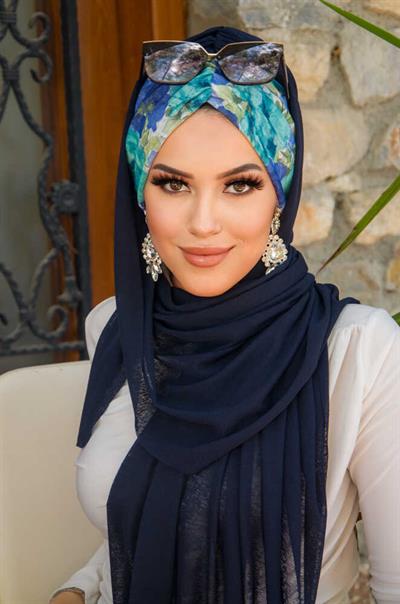 Lacivert Turkuaz Çiçek Desen Hazır Şal