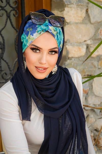 Lacivert Turkuaz Çiçek Desen Hazır Şal