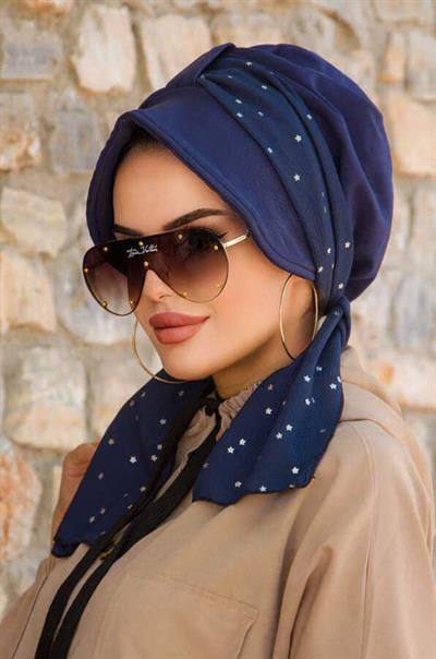 Lacivert Yıldız Desen Fularlı Şapka Bone