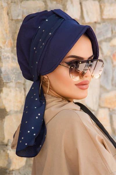 Lacivert Yıldız Desen Fularlı Şapka Bone
