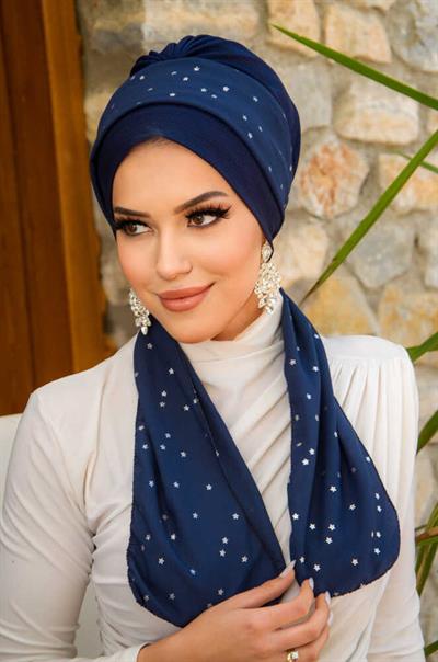 Lacivert Yıldız Fularlı Bone-40602