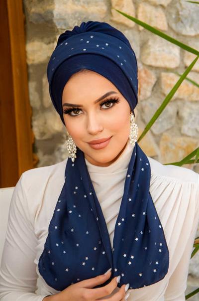 Lacivert Yıldız Fularlı Bone-40602