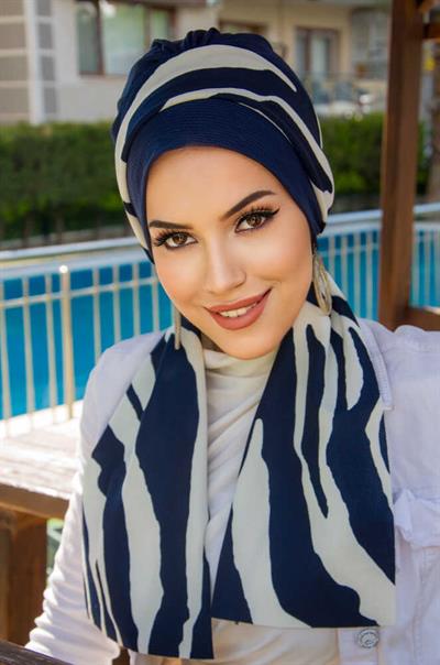 Lacivert Zebra Desen Fularlı Bone