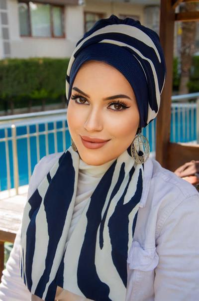 Lacivert Zebra Desen Fularlı Bone