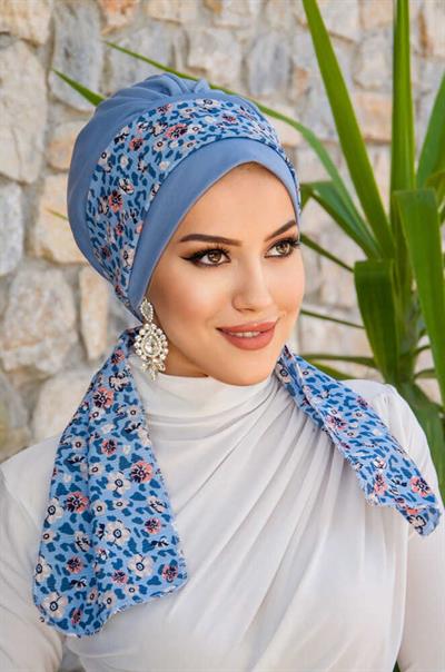 Mavi Çiçek Desenli Fularlı Bone