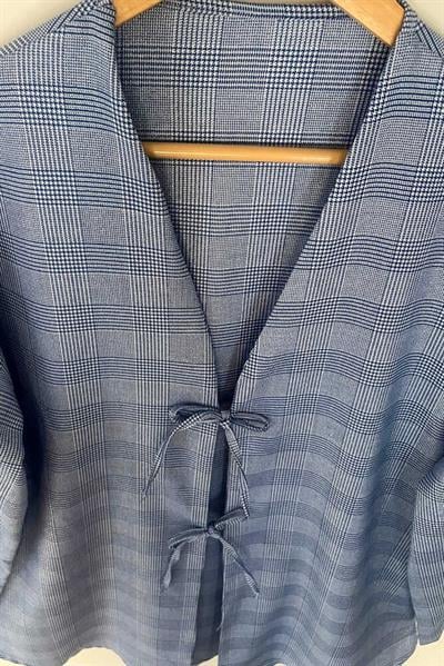 Mavi Ekose Önü Bağlamalı Kimono Tunik / 85 CM BOY